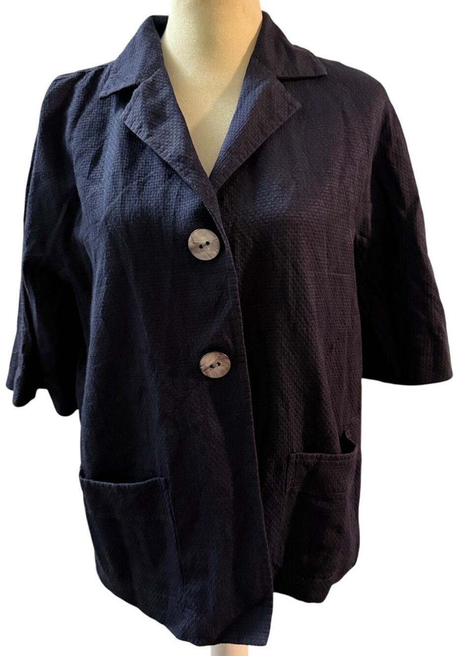 J. Jill Textured Silk Cotton Blend Jacket, 3/4 Sleeve Button Front, Navy, Medium
